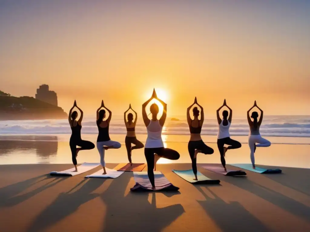 Grupo diverso practicando yoga al amanecer en una playa de Uruguay