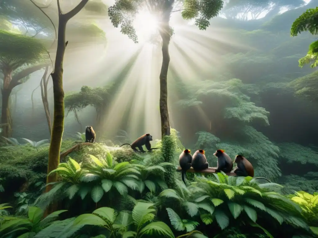 Un grupo de ecoturistas observa con respeto una familia de monos aulladores en un exuberante bosque de Uruguay