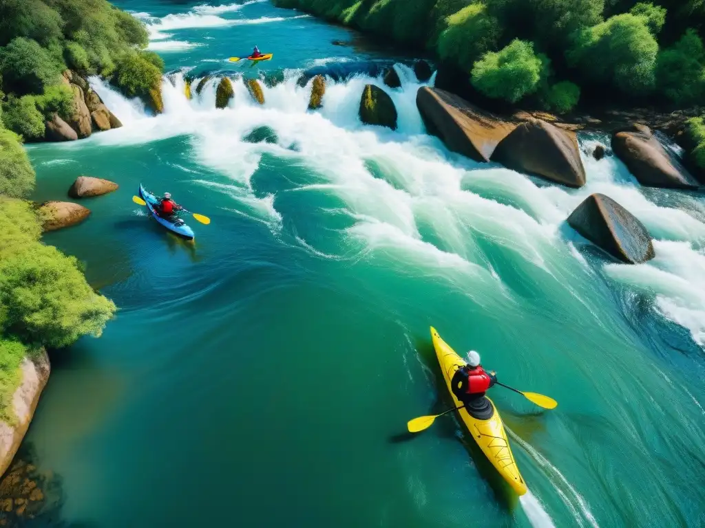 Grupo de kayakers en rápidos Uruguay, navegando con emoción y destreza entre la naturaleza exuberante reflejada en el río cristalino