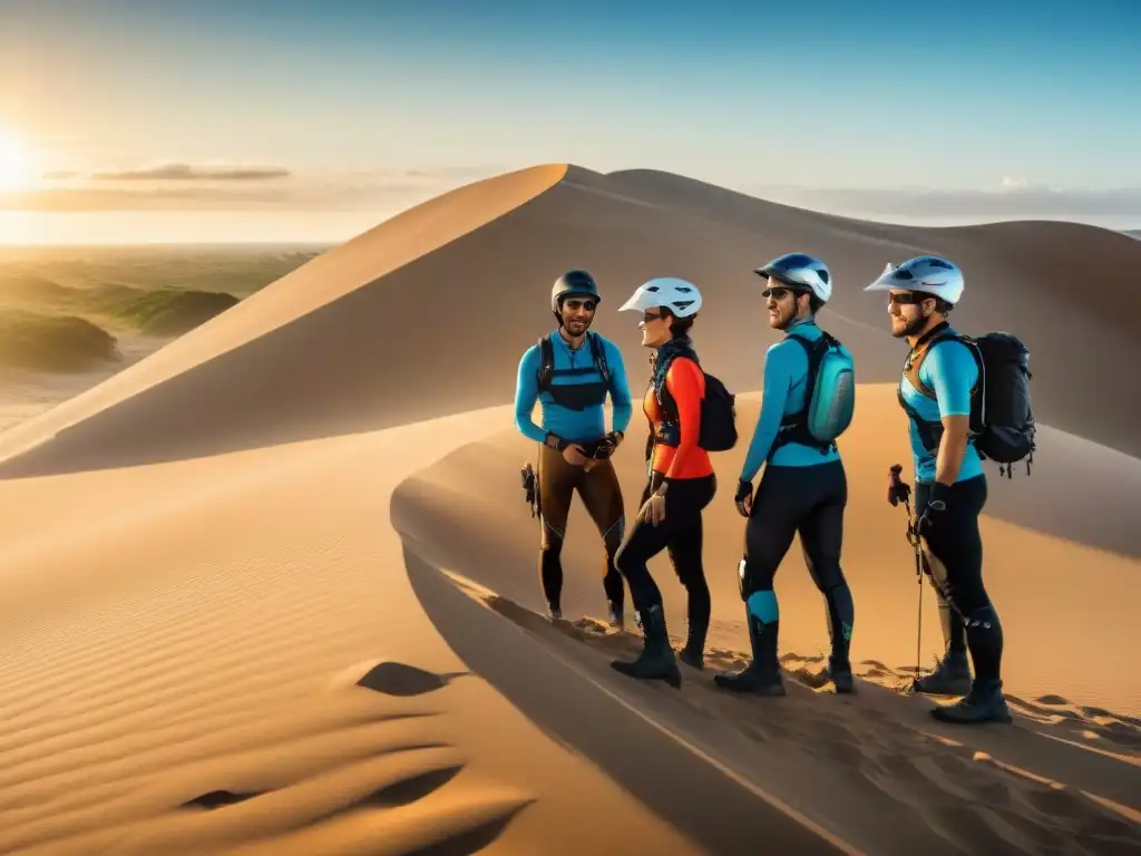 Grupo emocionado en la base de una duna en Uruguay, ajustando sus equipos de sandboarding bajo el sol abrasador