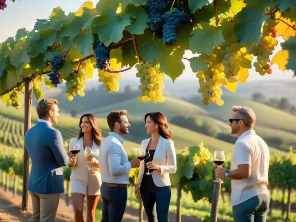 Un grupo de enófilos disfruta de una degustación de vinos al atardecer en un viñedo, creando una atmósfera serena y acogedora