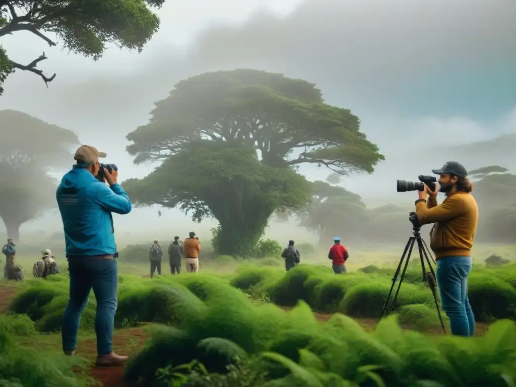 Un grupo de entusiastas de la fotografía de aves en Uruguay, concentrados fotografiando una especie rara en un frondoso bosque