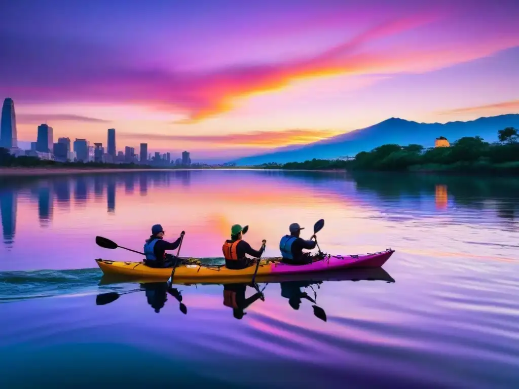 Un grupo de entusiastas kayakistas remando al atardecer en el Río de la Plata, reflejando un paisaje vibrante