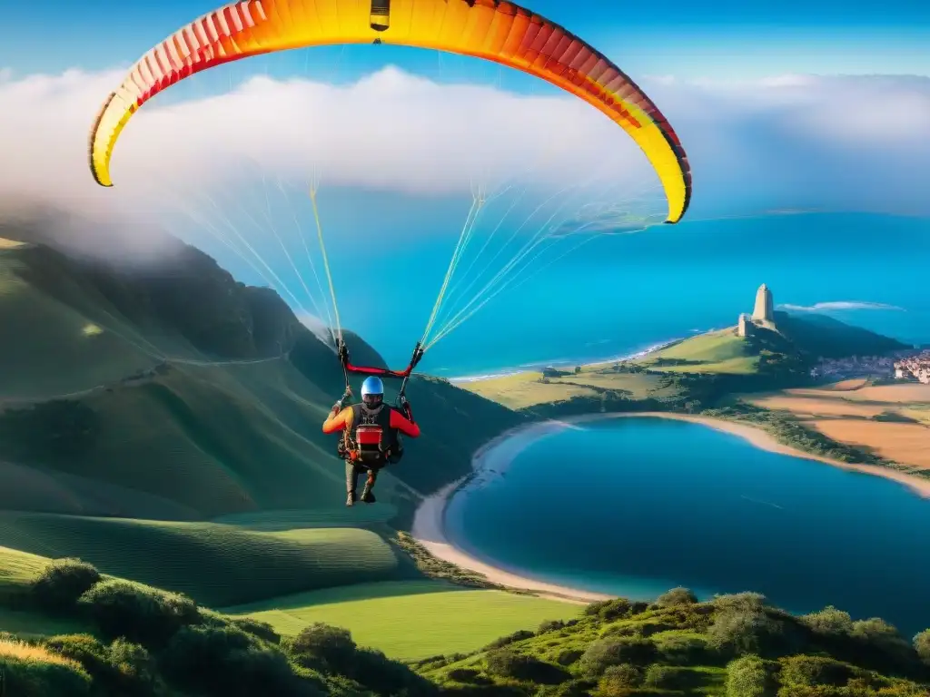 Grupo de entusiastas de parapente en Uruguay, entrenando con paisaje pintoresco