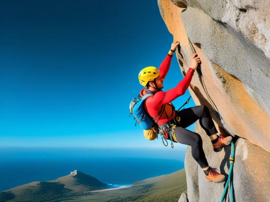 Un grupo de escaladores desafía alturas en Uruguay con equipo de escalada en roca de primera calidad, mostrando determinación y destreza física