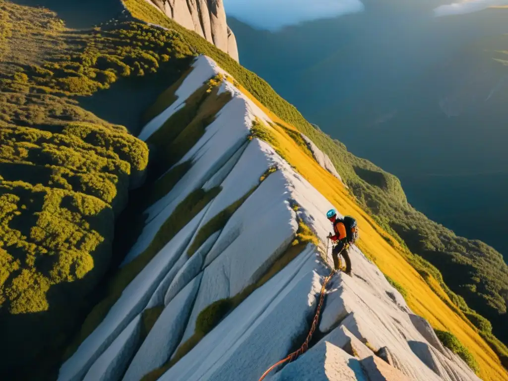 Un grupo de escaladores desafía las formaciones rocosas de Cerro Catedral al atardecer, equipados con el mejor equipo de escalada para Uruguay