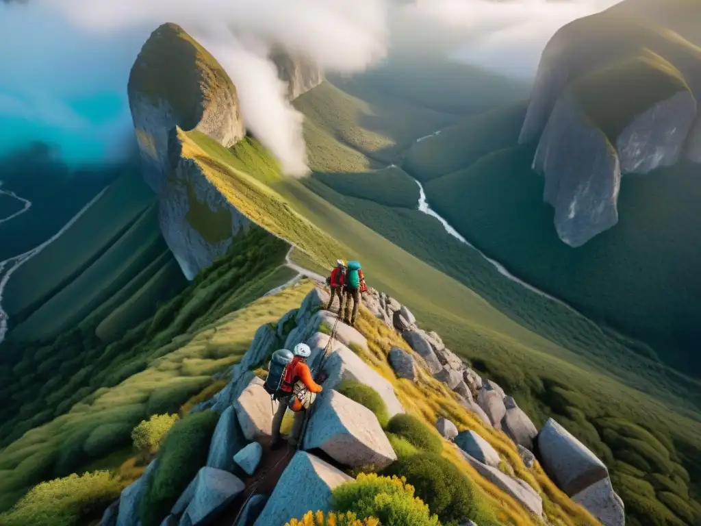 Un grupo de escaladores desafiando la naturaleza en las montañas de Uruguay con su equipo de escalada para Uruguay