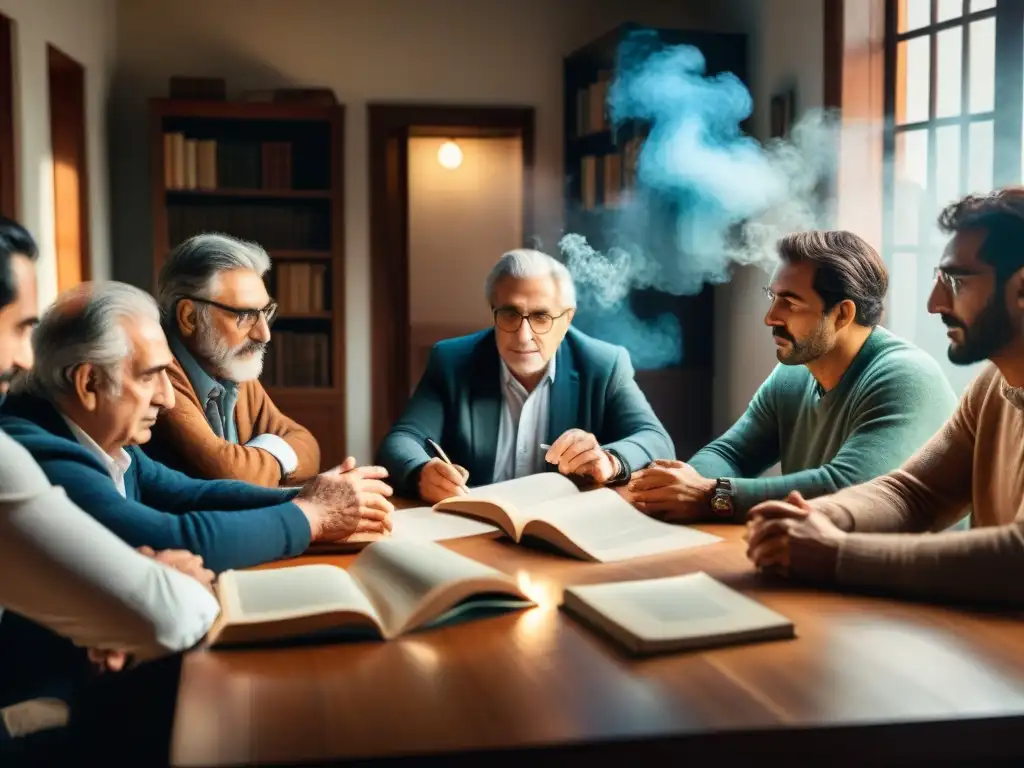 Grupo de escritores uruguayos de la Generación del 45 debatiendo en una habitación iluminada, expresiones detalladas y libros en la mesa