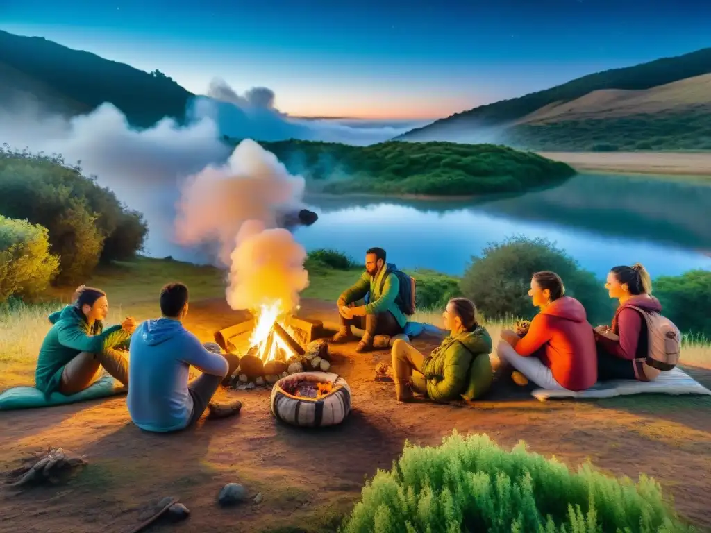 Un grupo de excursionistas disfruta de alimentos liofilizados en Uruguay, rodeados de naturaleza y estrellas en la noche