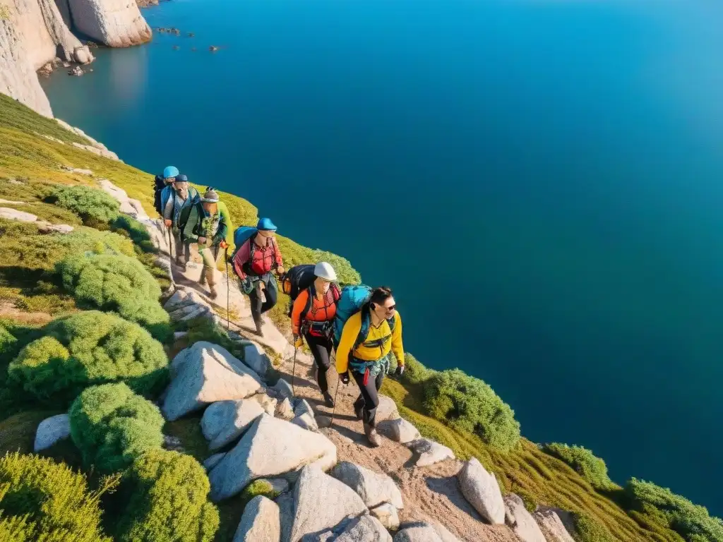 Grupo de excursionistas aventureros escalando acantilado rocoso en Uruguay con equipamiento aventuras cuerdas anclaje