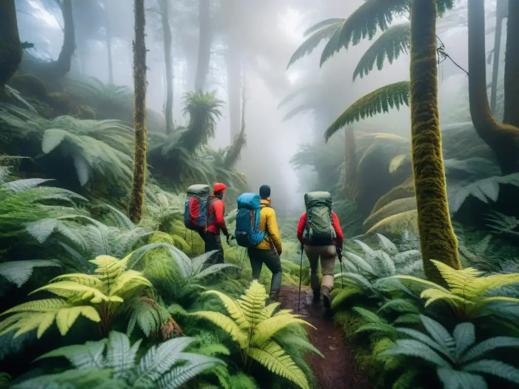 Un grupo de excursionistas aventureros explorando un bosque exuberante y neblinoso en Uruguay