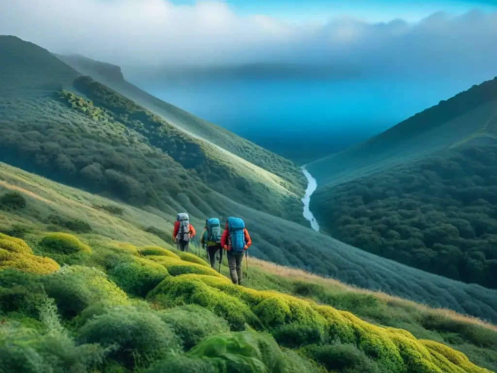 Grupo de excursionistas aventureros con mochilas y power banks en paisajes de Uruguay