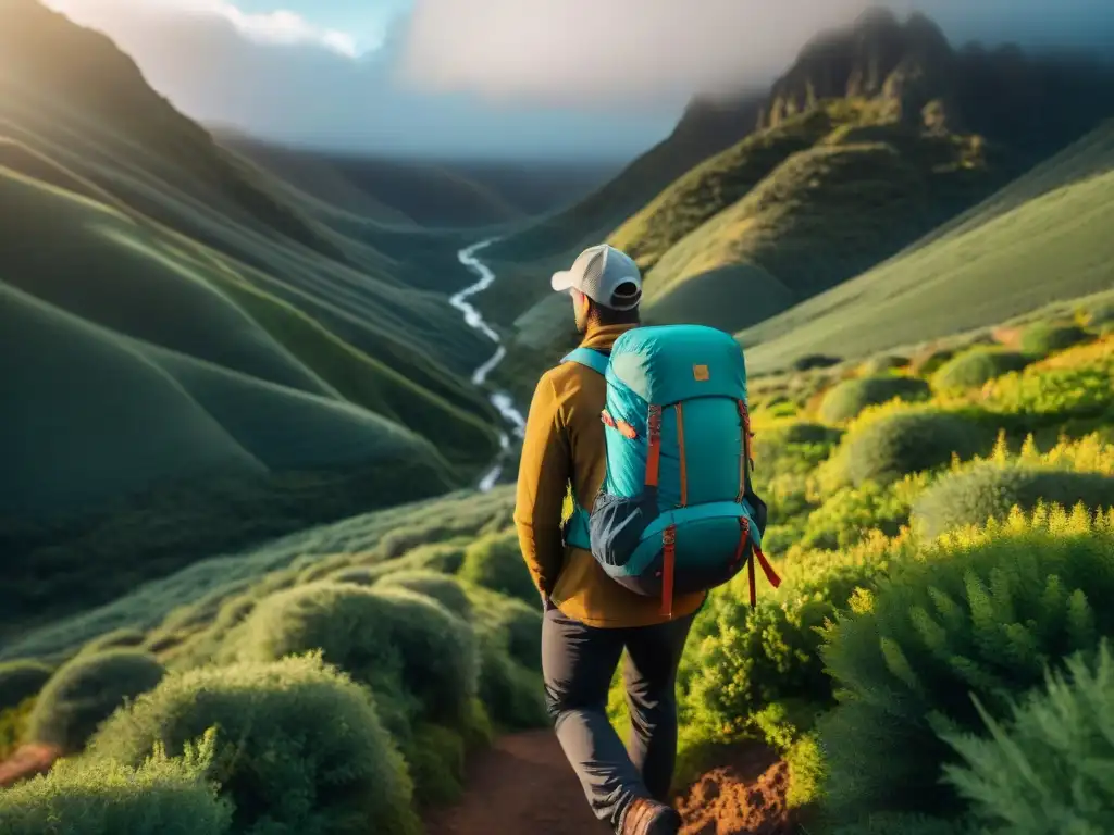 Grupo de excursionistas aventureros recorriendo montañas verdes en Uruguay con equipo ergonómico, resaltando la importancia de la ergonomía en la aventura