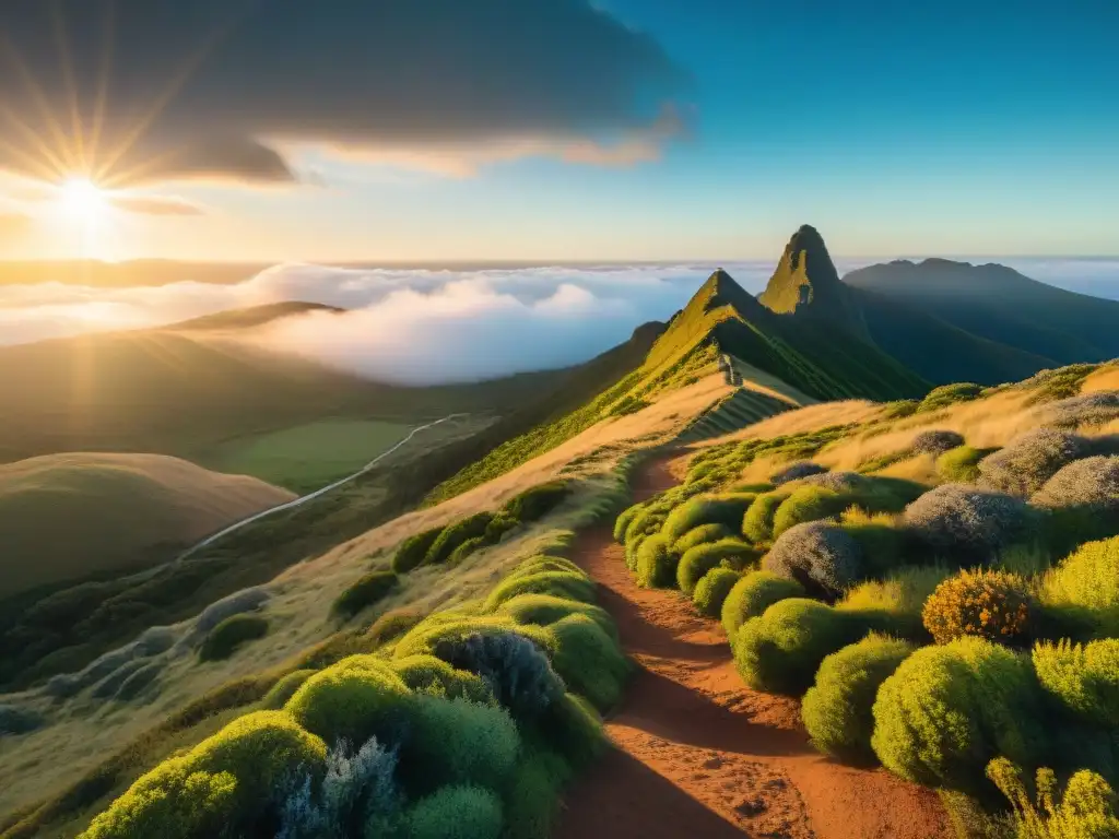 Un grupo de excursionistas aventureros recorriendo paisajes de Uruguay al atardecer, equipados con Alimentos liofilizados para excursiones en Uruguay