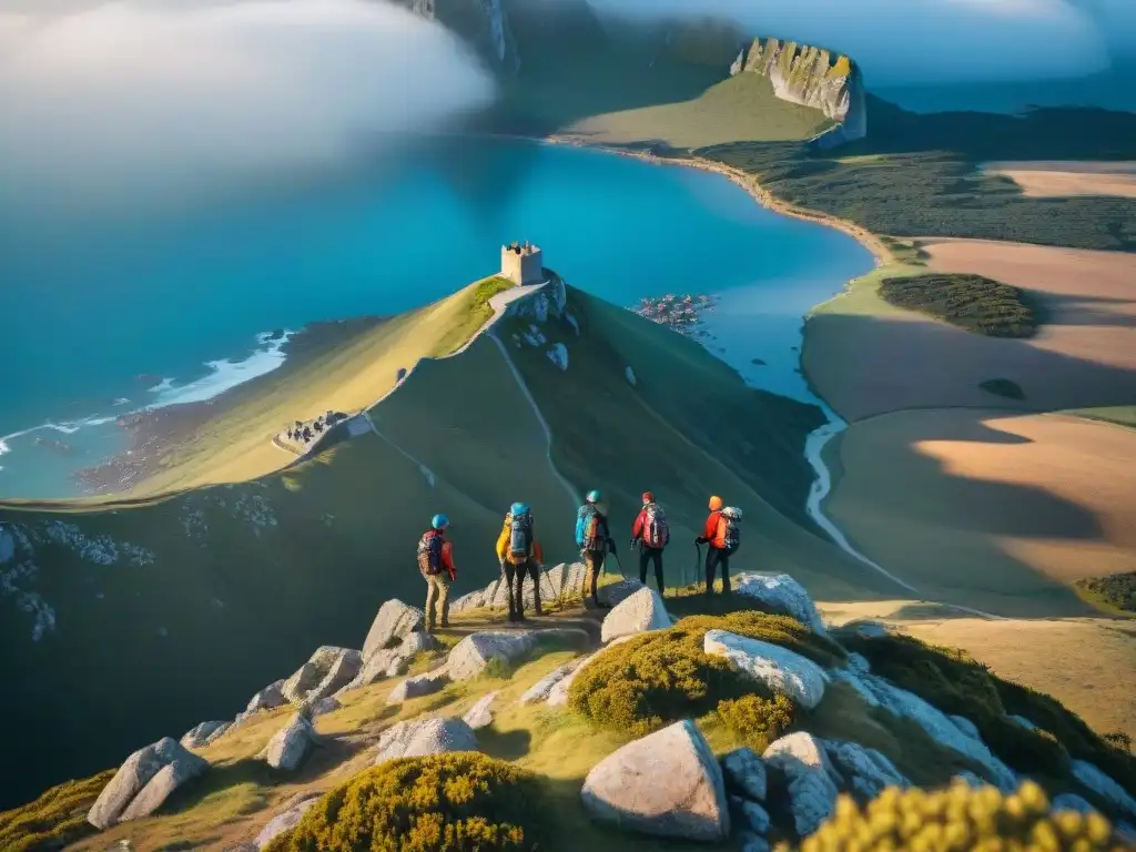 Un grupo de excursionistas aventureros en Rocha, Uruguay, admirando el paisaje con tiendas de equipamiento de aventura en Uruguay