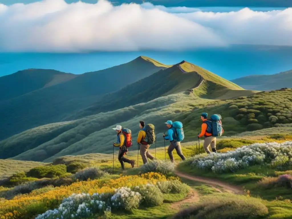 Un grupo de excursionistas aventureros con ropa técnica para aventureros en Uruguay, cruzando paisajes montañosos y coloridos