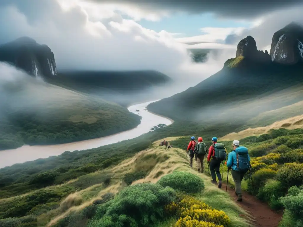 Un grupo de excursionistas aventureros con ropa técnica para aventureros en Uruguay, explorando la naturaleza desafiante y majestuosa