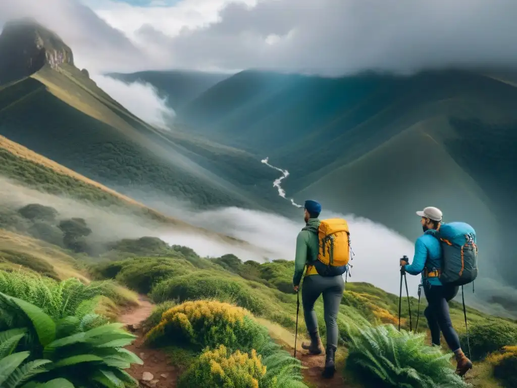 Grupo de excursionistas aventureros con ropa técnica para aventureros en Uruguay, explorando terreno agreste bajo un cielo dramático lleno de nubes