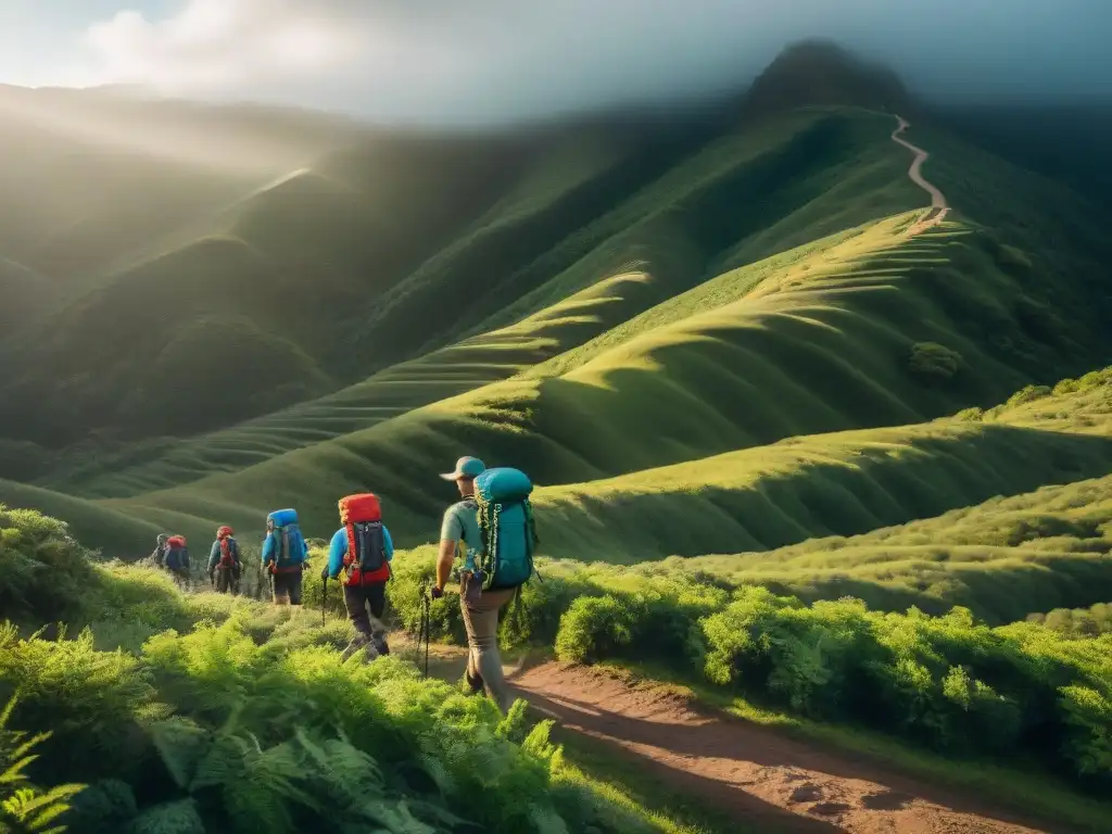 Un grupo de excursionistas aventureros con Sistemas de Almacenamiento de Agua, explorando montañas verdes en Uruguay