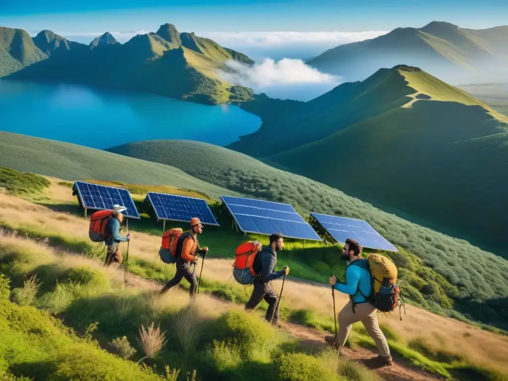 Un grupo de excursionistas aventureros con soluciones energía portátil, caminando entre montañas verdes de Uruguay