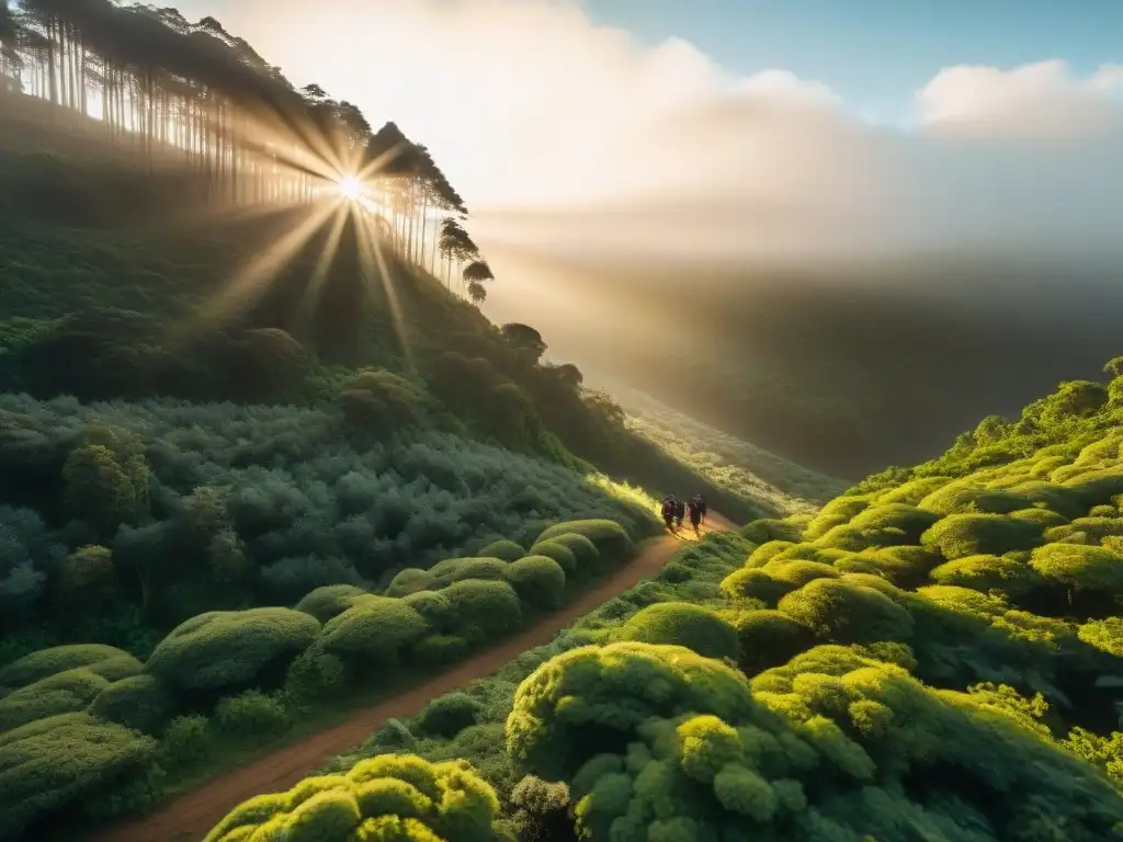 Grupo de excursionistas cruzando un bosque exuberante al atardecer en Uruguay, resaltados por los rayos dorados del sol