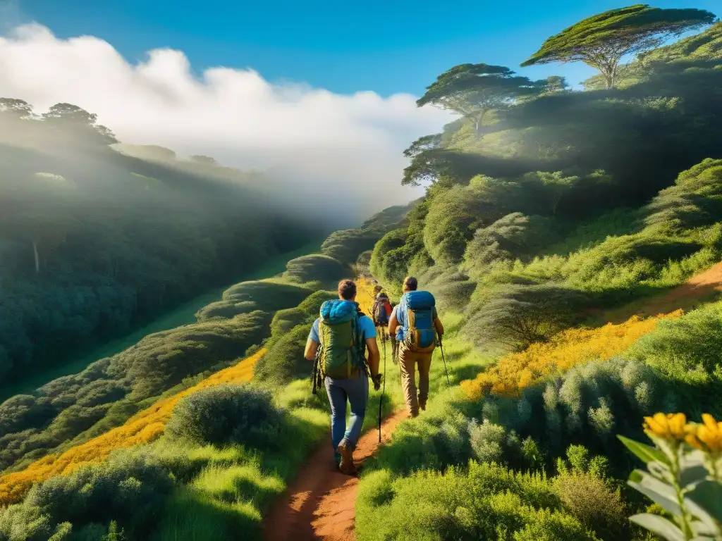 Grupo de excursionistas en Uruguay explorando bosques verdes, inspirando aventuras