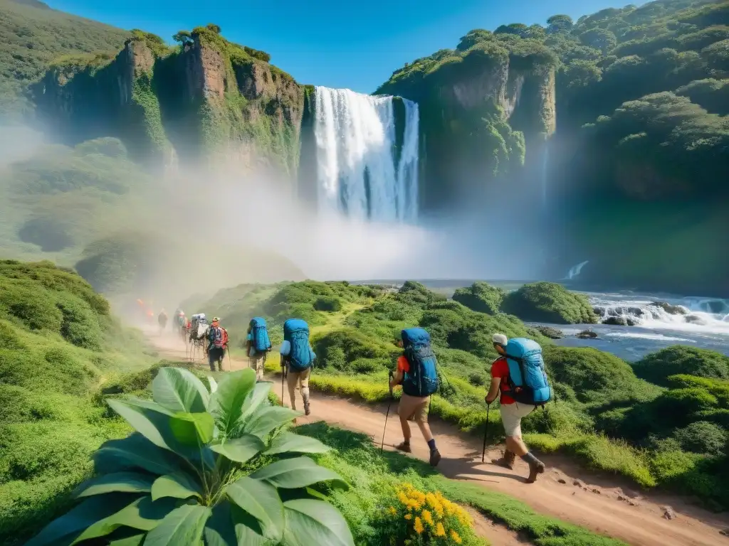 Grupo de excursionistas explorando bosques verdes de Uruguay con cascada majestuosa al fondo, ideal para aplicaciones turismo activo Uruguay