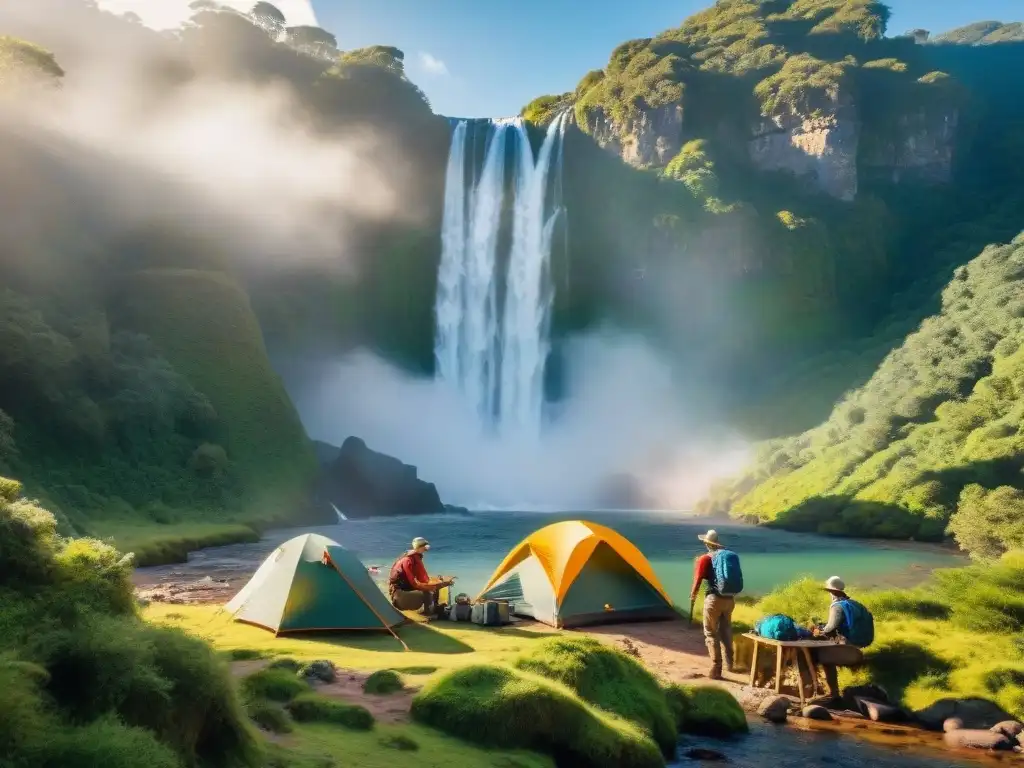 Un grupo de excursionistas montando campamento junto a una cascada en Uruguay