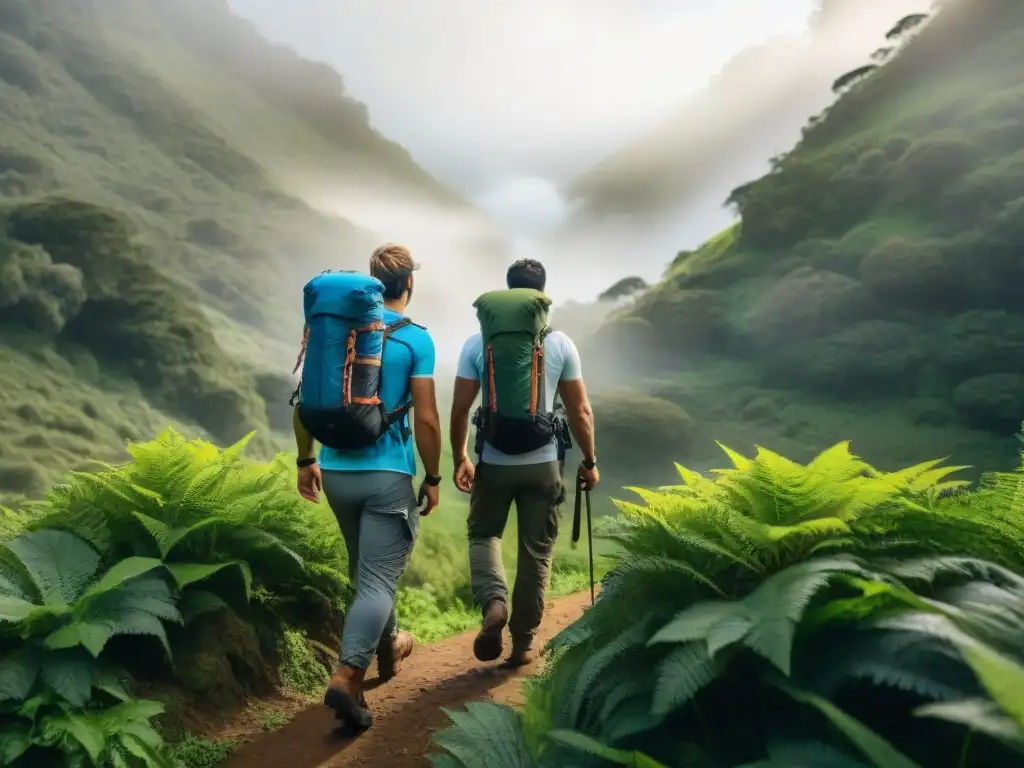 Exploradores en bosque uruguayo: cantimploras vs Grupo de excursionistas en Uruguay con cantimploras y sistemas de hidratación, debatiendo entre tradición y modernidad