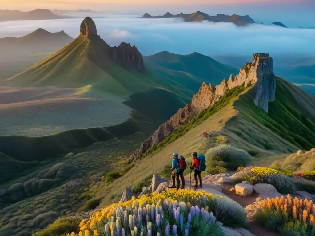 Un grupo de excursionistas en la cima del Cerro de los Burros, disfrutando de un paisaje prehistórico al atardecer