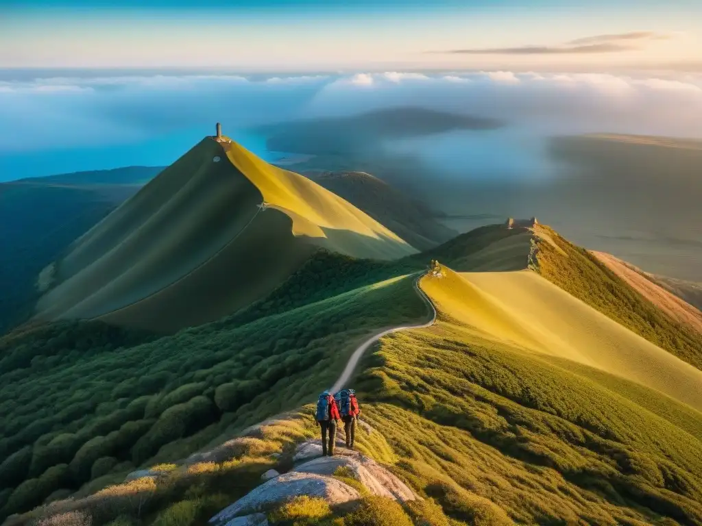 Un grupo de excursionistas descansando en la cima de uno de los Tres Cerros en Uruguay, disfrutando de las mejores rutas de trekking en Uruguay