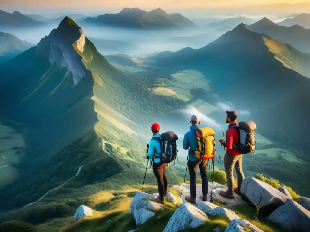 Grupo de excursionistas en cumbre rocosa, mirando valle verde al atardecer