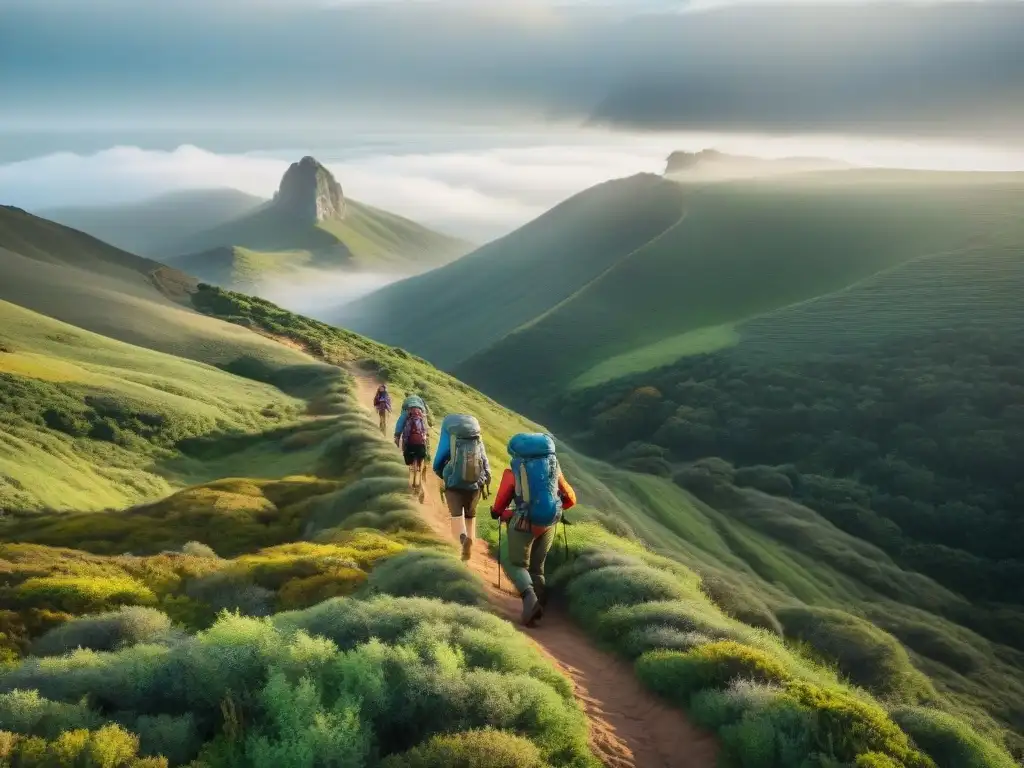 Un grupo de excursionistas equipados con el mejor equipamiento senderismo Uruguay, explorando los diversos paisajes del país