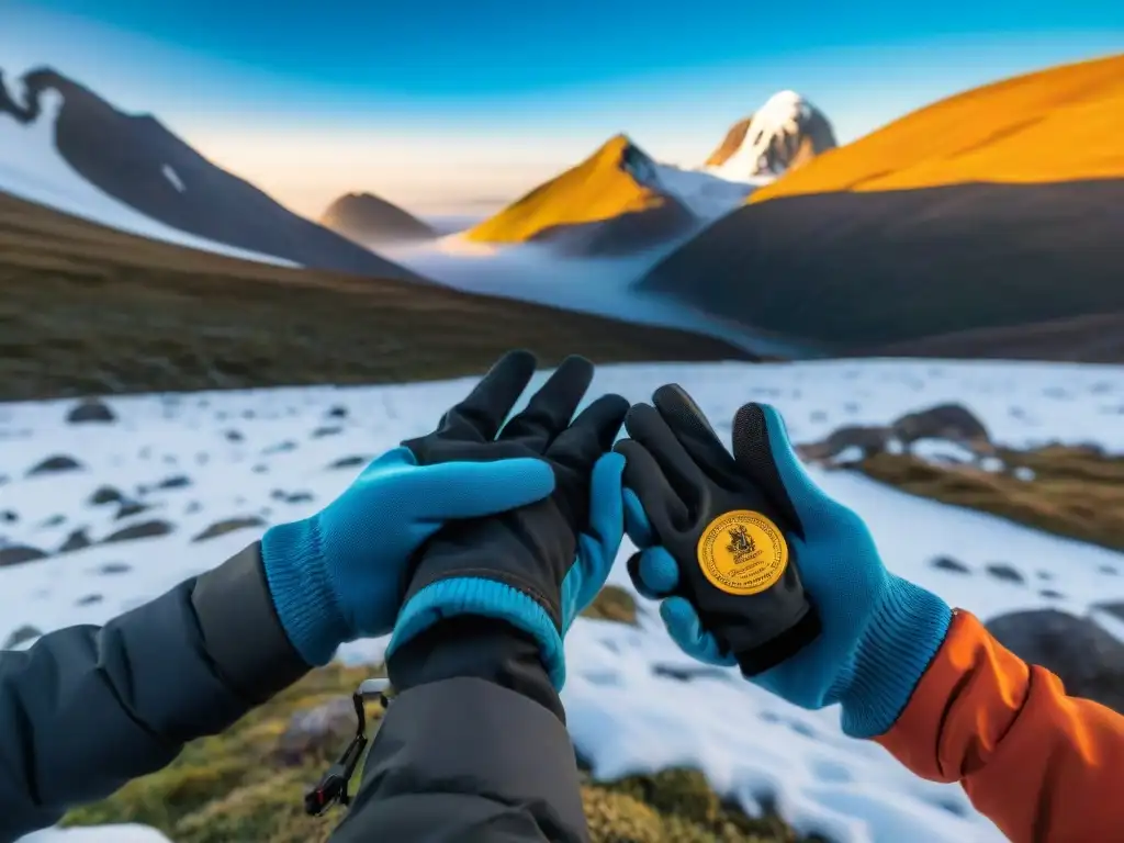 Grupo de excursionistas con guantes y gorros técnicos en paisajes nevados de Uruguay