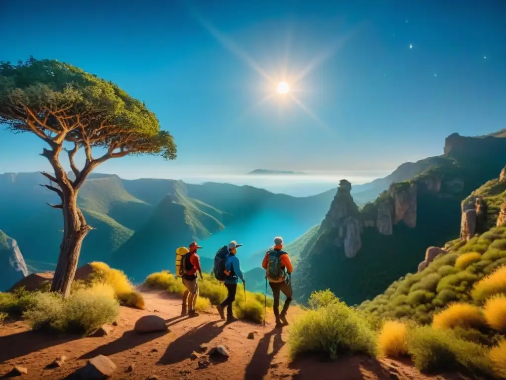 Grupo de excursionistas iluminados por linternas, caminando en la noche estrellada de Quebrada de los Cuervos en Uruguay