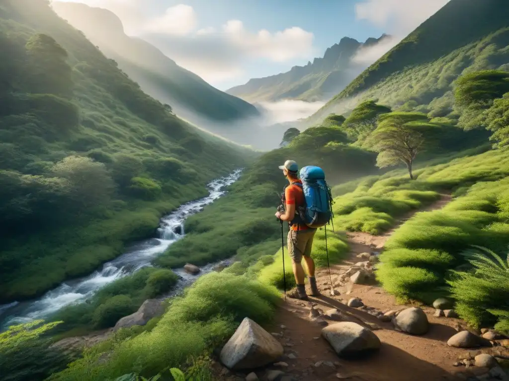 Un grupo de excursionistas descansando junto a un arroyo cristalino en un paisaje natural impresionante, con botellas de agua duraderas para viajes