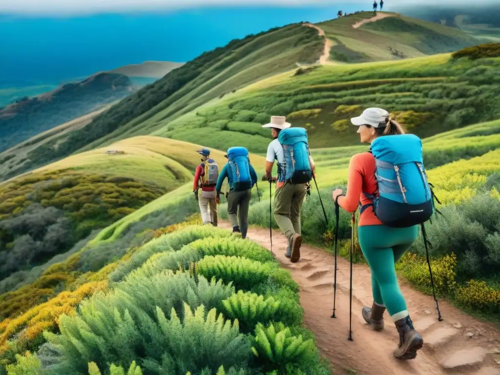 Grupo de excursionistas con los mejores bastones de trekking en sendero verde de Uruguay