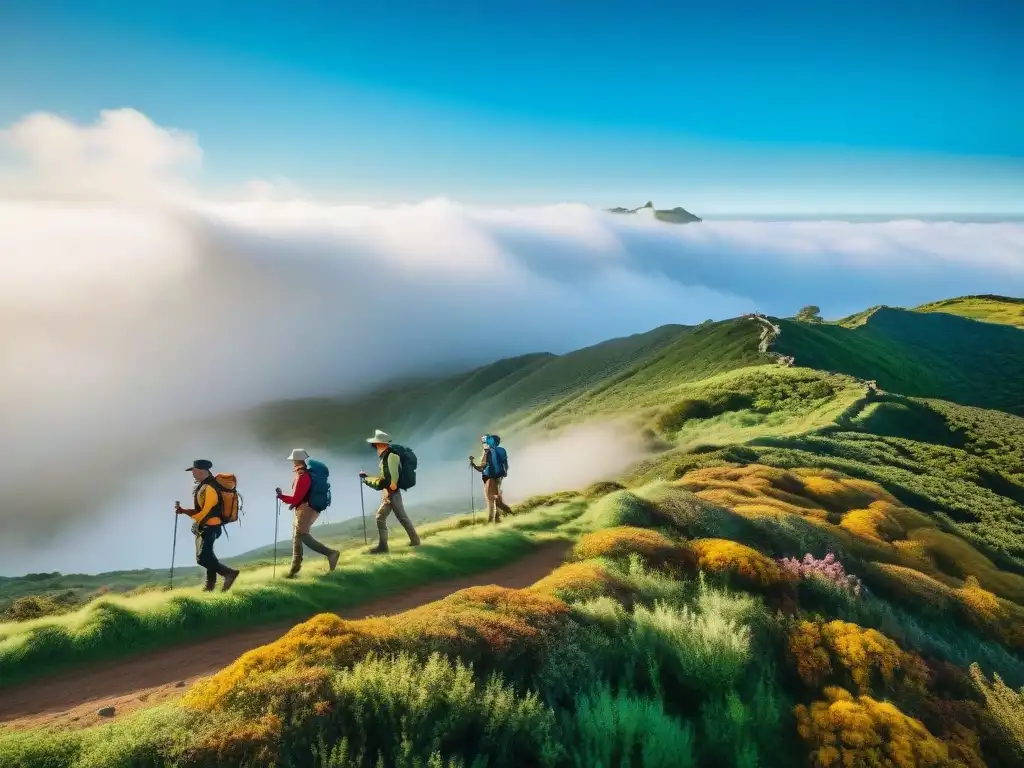 Grupo de excursionistas con los mejores bastones trekking Uruguay explorando exuberantes paisajes