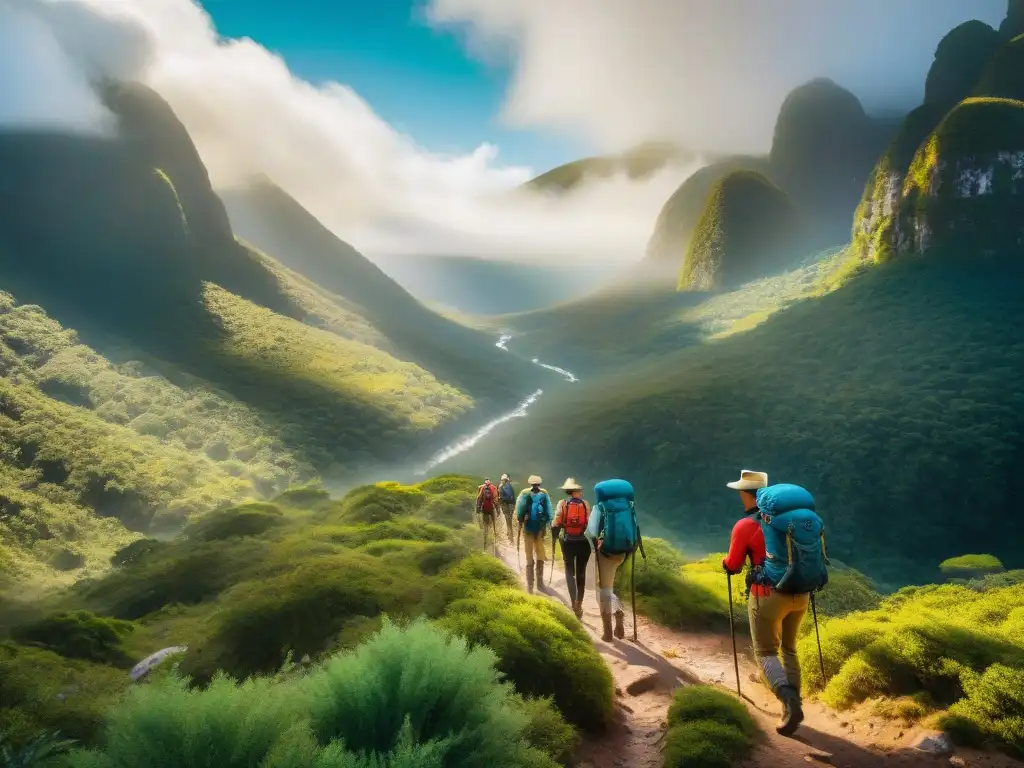 Grupo de excursionistas con los mejores calzados trekking en Parque Santa Teresa, explorando sendero rodeado de exuberante vegetación y luz filtrada