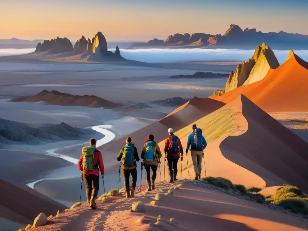 Un grupo de excursionistas usando los mejores GPS y relojes en Uruguay mientras exploran el Valle de la Luna al atardecer