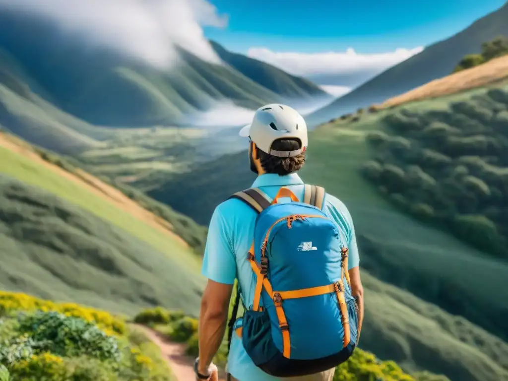 Grupo de excursionistas con mochilas llenas de snacks energéticos para caminatas, conquistando montañas verdes en Uruguay