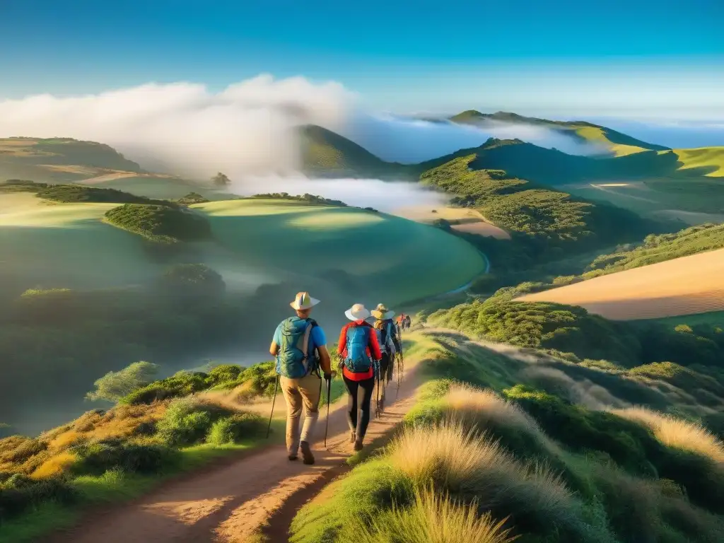 Un grupo de excursionistas disfruta de la naturaleza en Uruguay con mochilas y equipo de senderismo