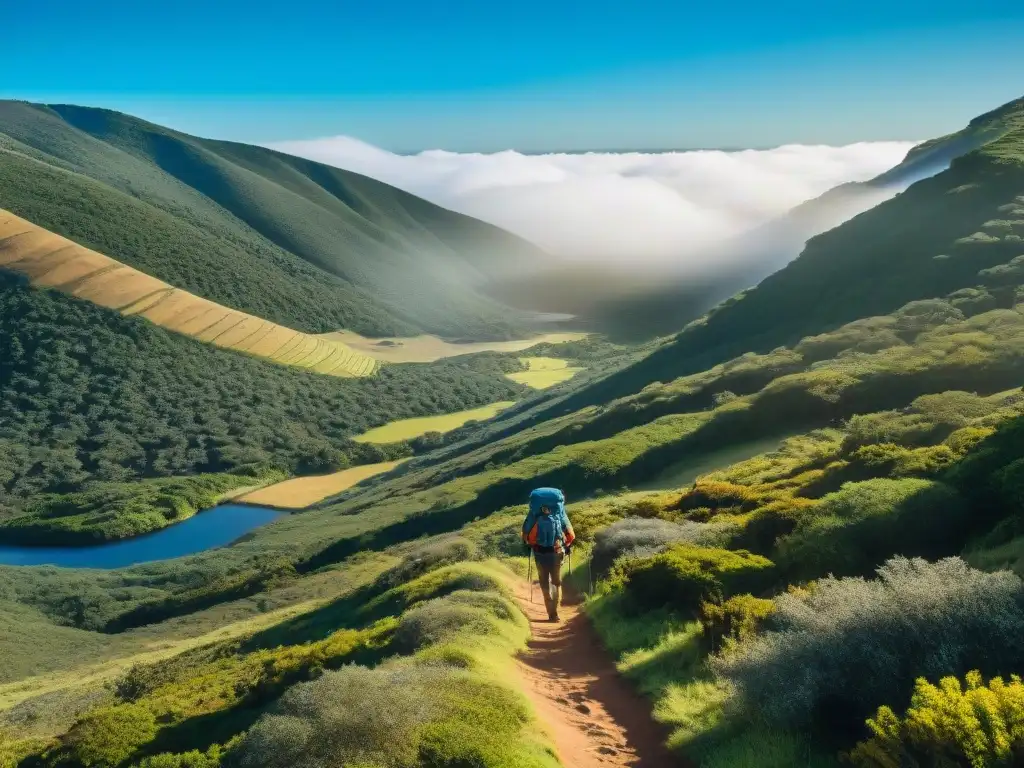 Un grupo de excursionistas explorando los paisajes de Uruguay, equipados con mochilas y bastones