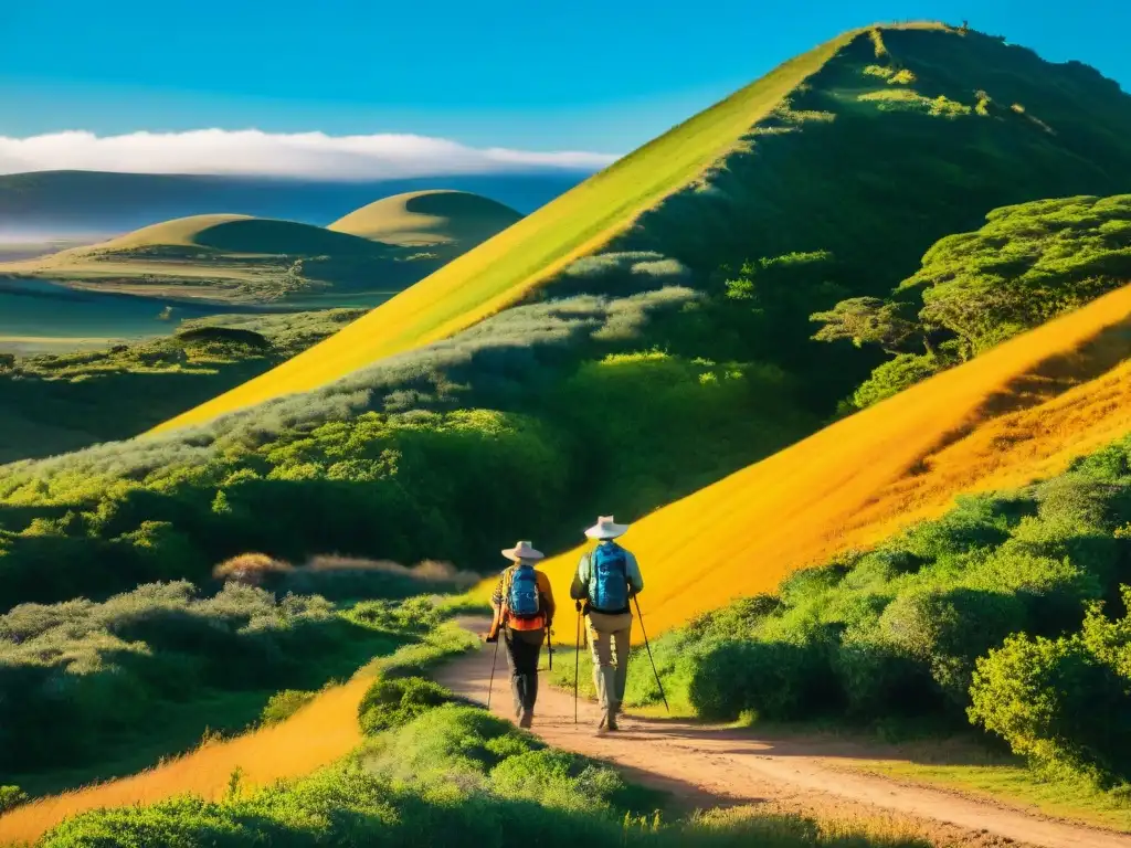 Un grupo de excursionistas exploran los paisajes de Uruguay bajo el sol, usando gorras para protegerse del sol en Uruguay