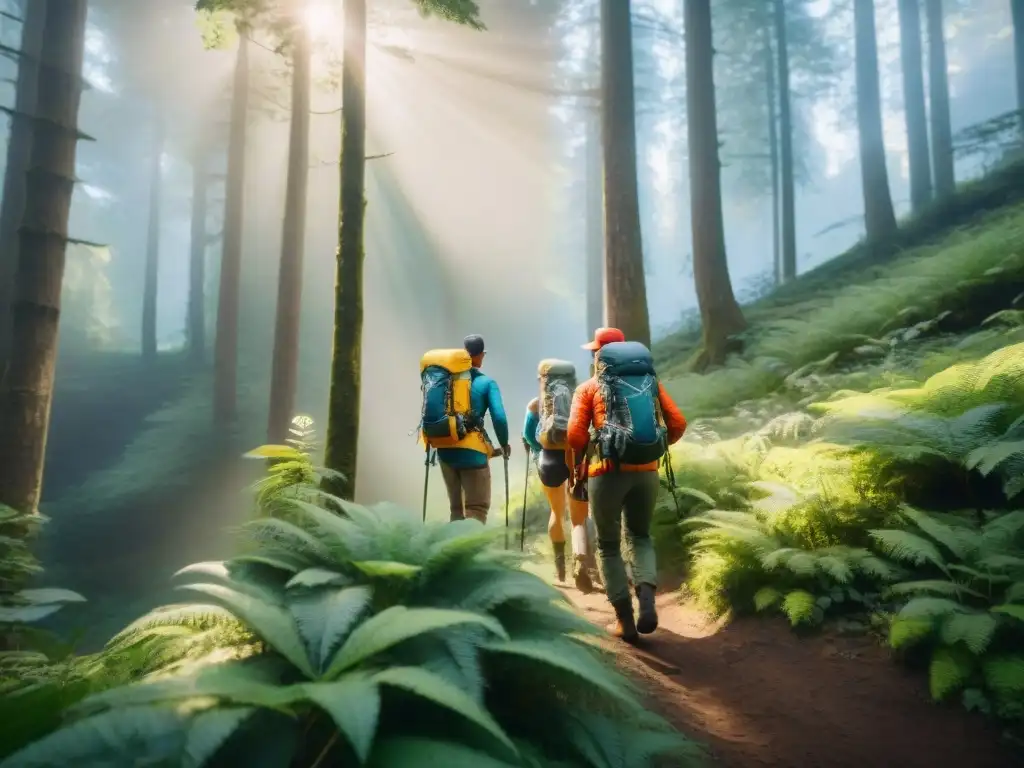 Un grupo de excursionistas llevando paneles solares en una selva verde, maximizando soluciones energía portátil aventuras