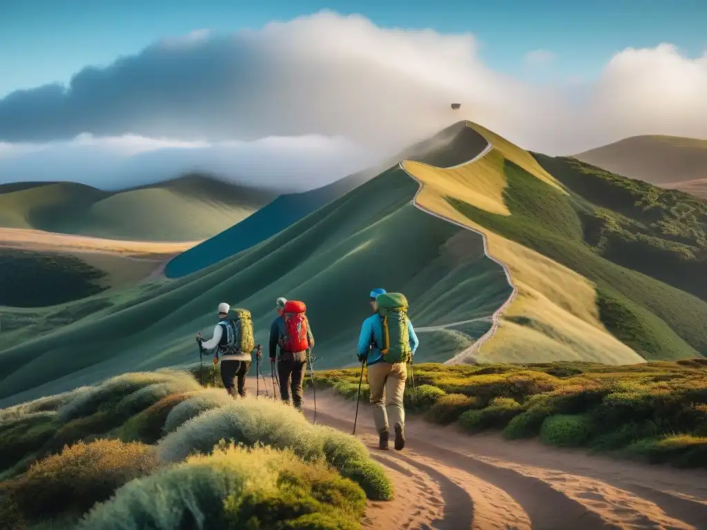 Un grupo de excursionistas con prendas técnicas para clima uruguayo, explorando terrenos desafiantes