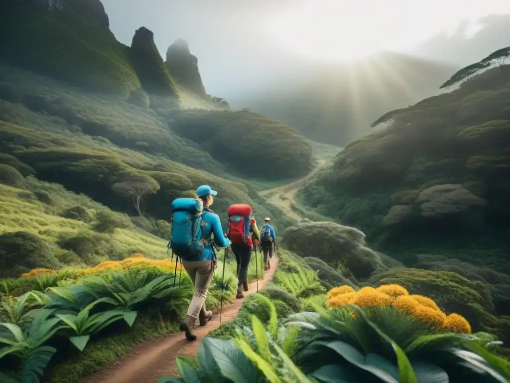 Grupo de excursionistas con ropa adecuada trekking en bosques verdes de Uruguay, bajo el sol entre el dosel