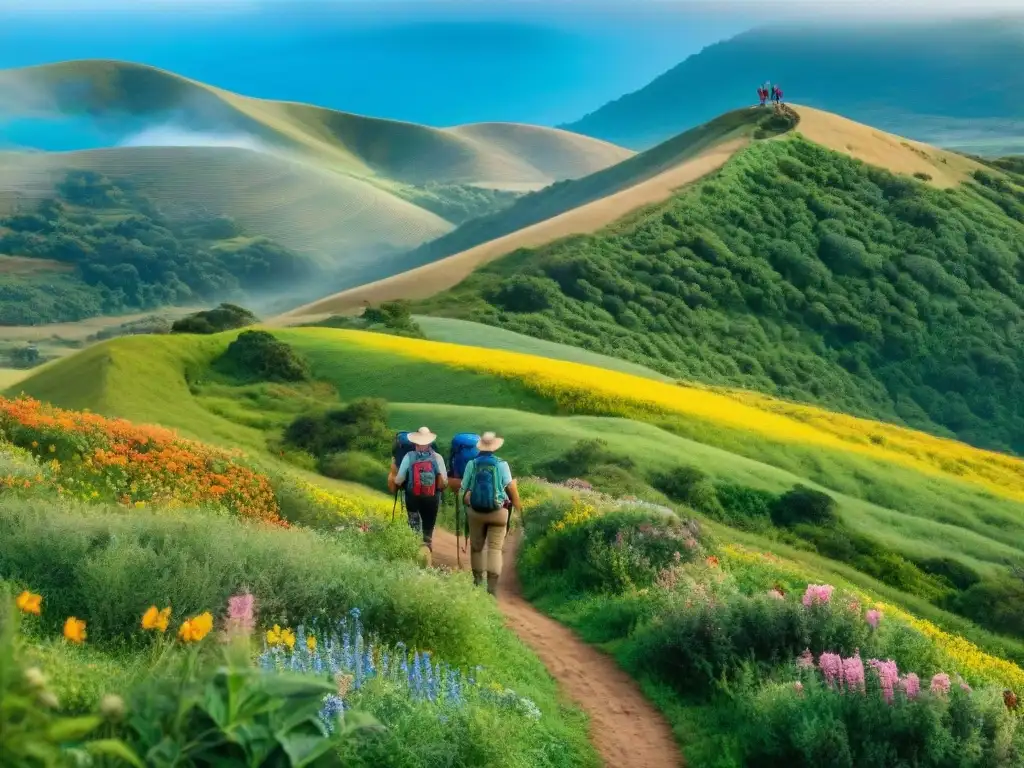 Un grupo de excursionistas recorriendo senderismo en caminos rurales Uruguay, rodeados de naturaleza exuberante y coloridas flores silvestres