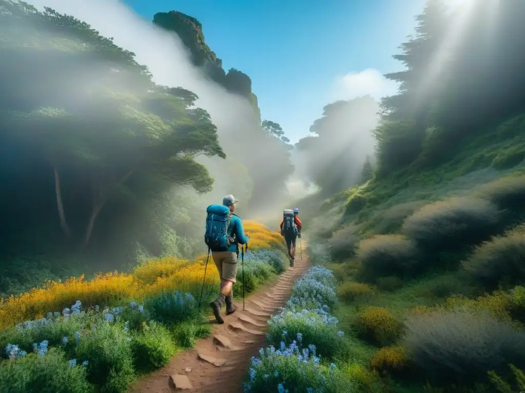 Un grupo de excursionistas explorando un sendero verde en Uruguay, con flores silvestres y árboles altos