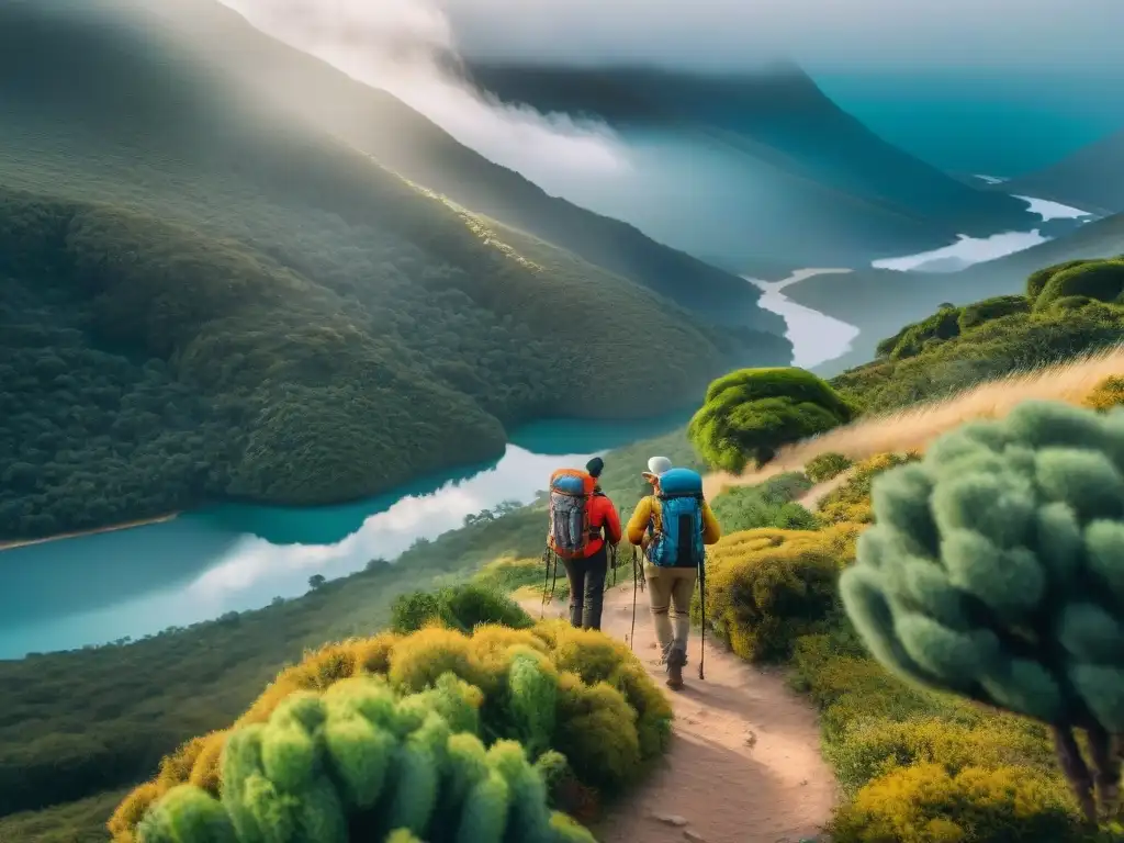 Grupo de excursionistas en un sendero con vista a un lago y montañas, rodeados de vegetación, cerca de hoteles boutique en Uruguay